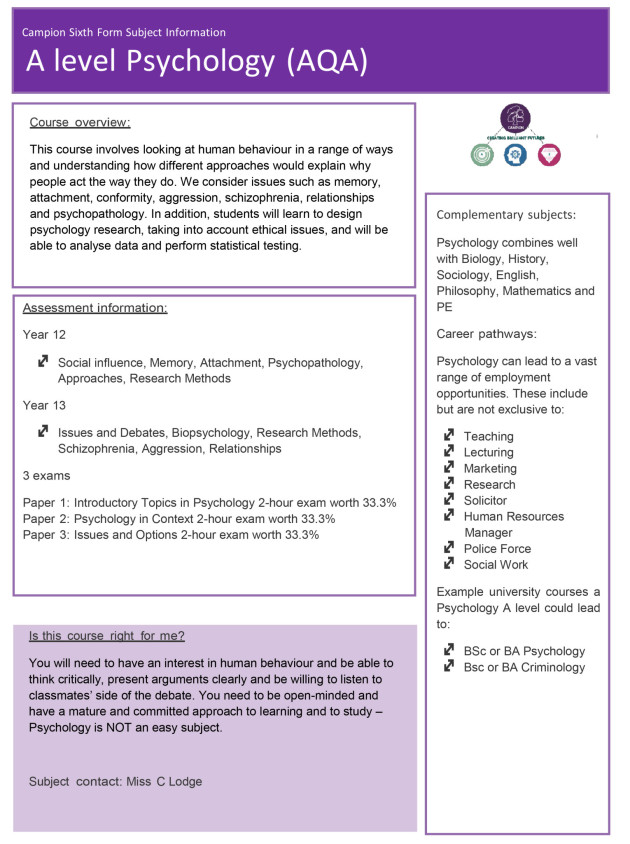LS Subject sheet KS5 Psychology